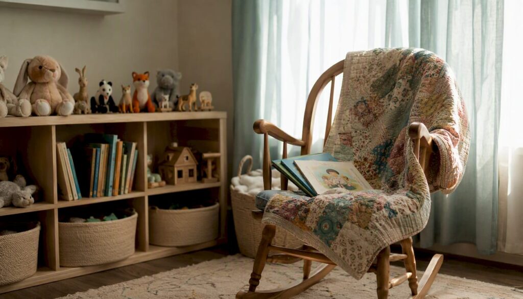 Nursery corner with baby clothes and sibling books