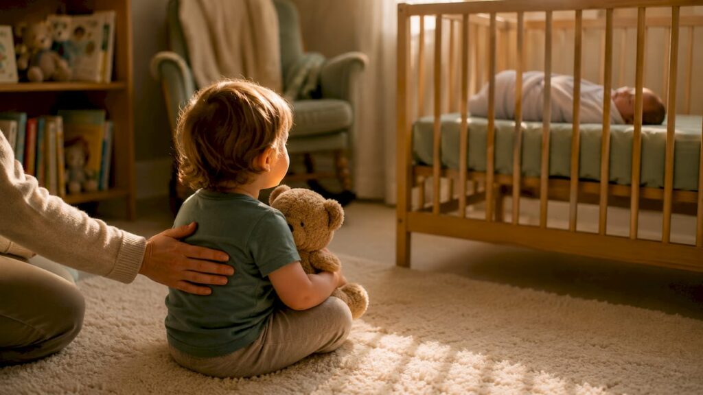 Toddler looking at newborn sibling in bassinet