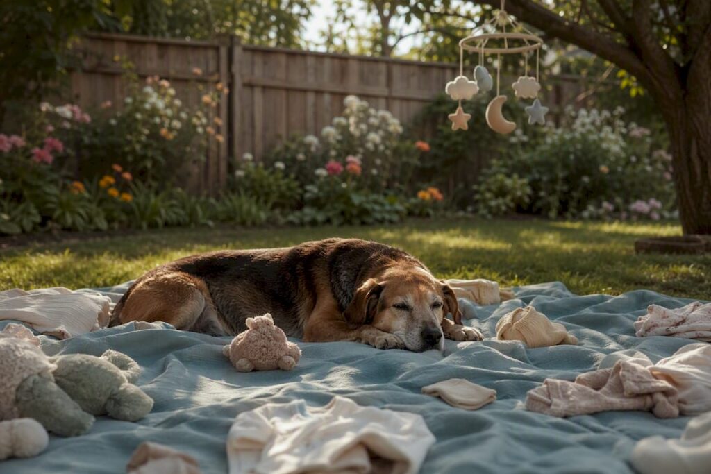 Calm dog near baby blankets in home