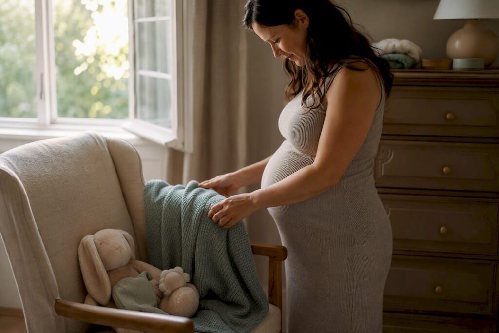 Pregnant woman arranging baby nursery blankets