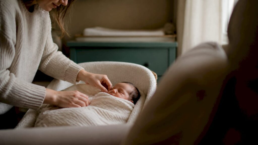 Hands gently swaddling a newborn baby