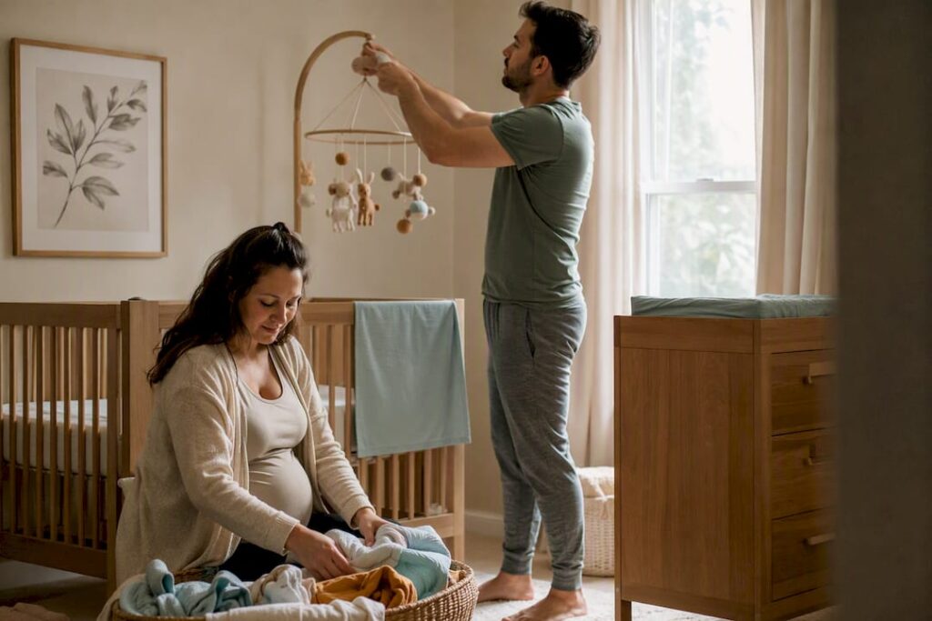 Couple preparing nursery together