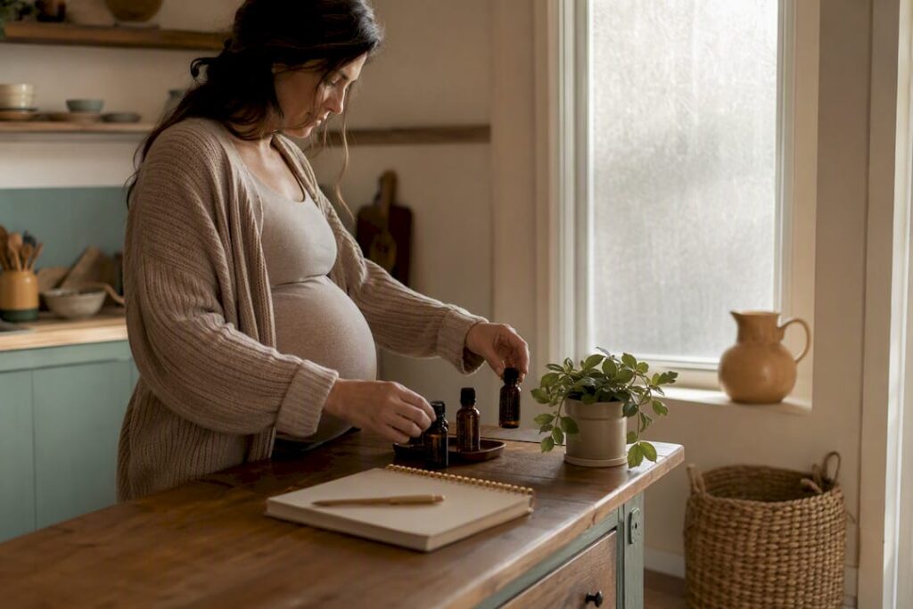 Pregnant woman arranging calming objects bedside