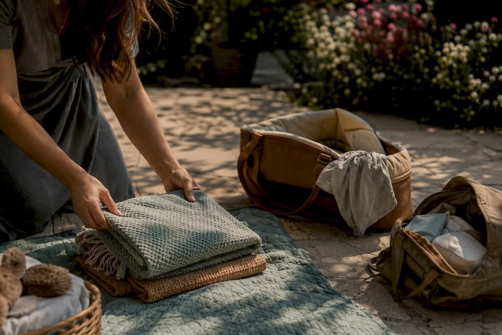 Hands folding baby blanket in soft-lit room