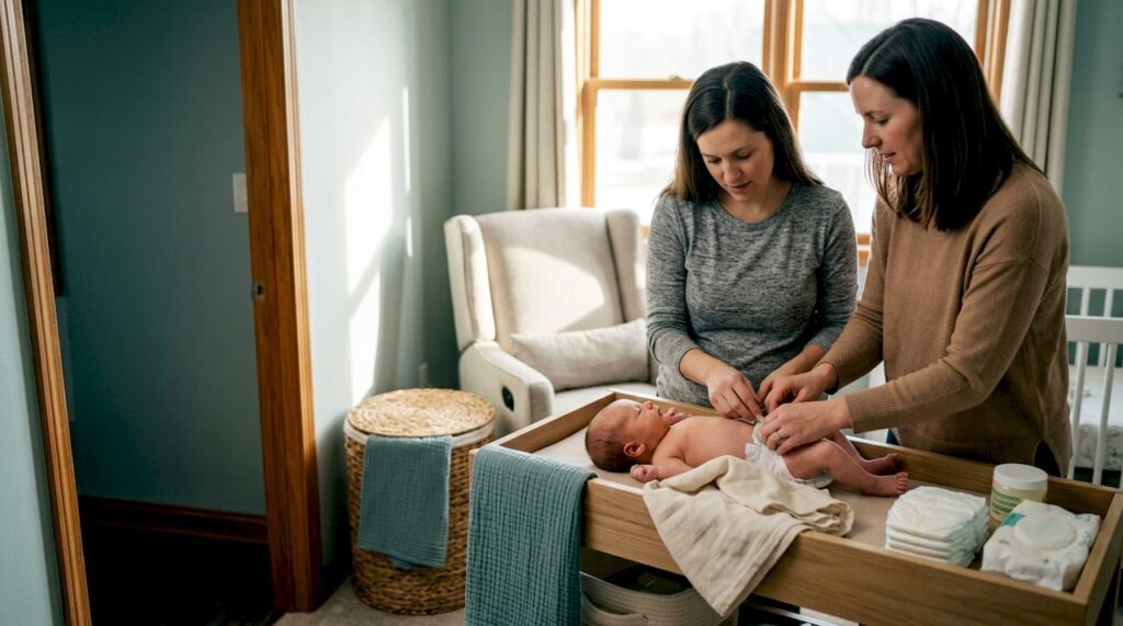Doula guiding parent through newborn care