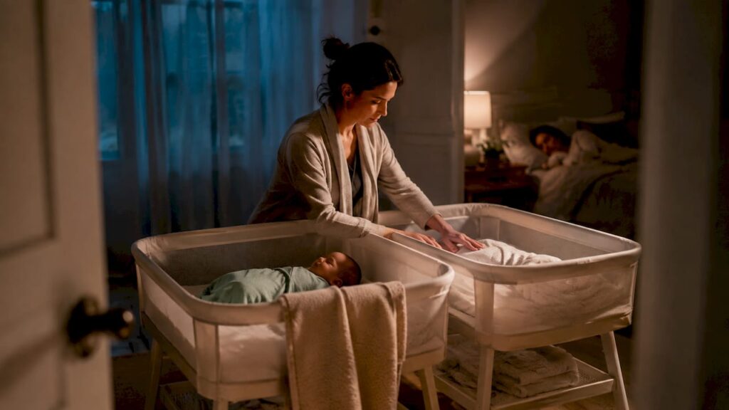 Postpartum doula caring for sleeping twins