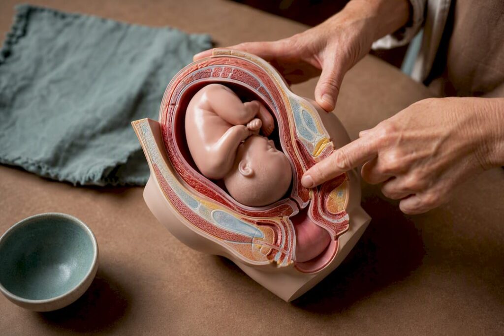 Doula explaining cervix anatomy on model