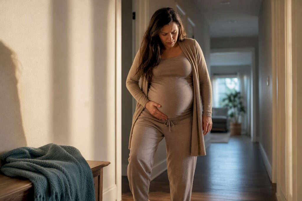 Pregnant person experiencing sudden pelvic discomfort