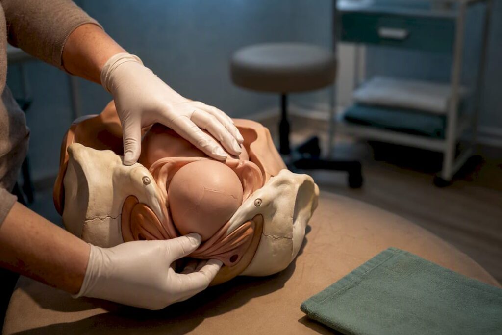 Clinician demonstrating fetal station landmarks