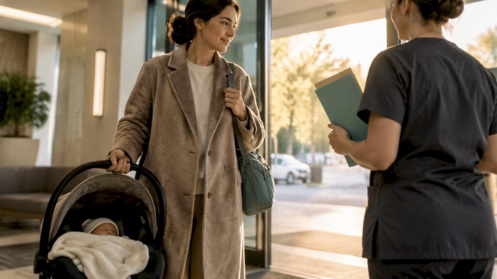 Parents leaving hospital with newborn
