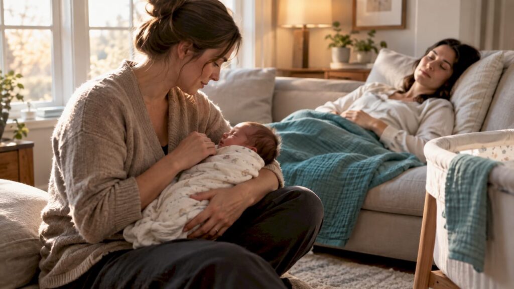 Doula providing calm newborn support at home