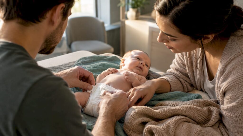 Parent practicing newborn diaper care with doula