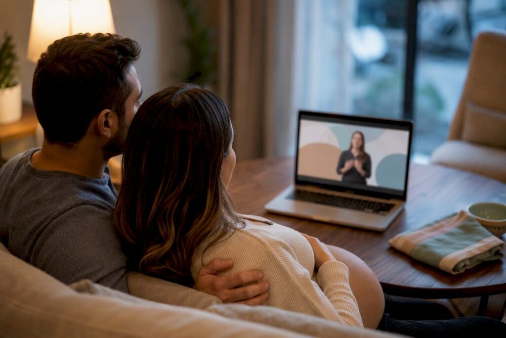 Expecting couple attending virtual childbirth class
