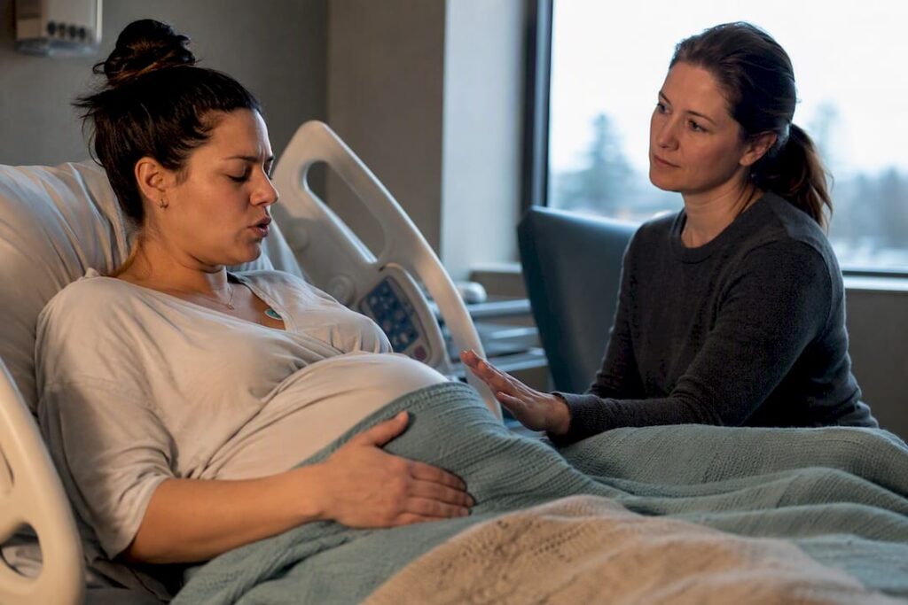 Doula offering respectful bedside labor support