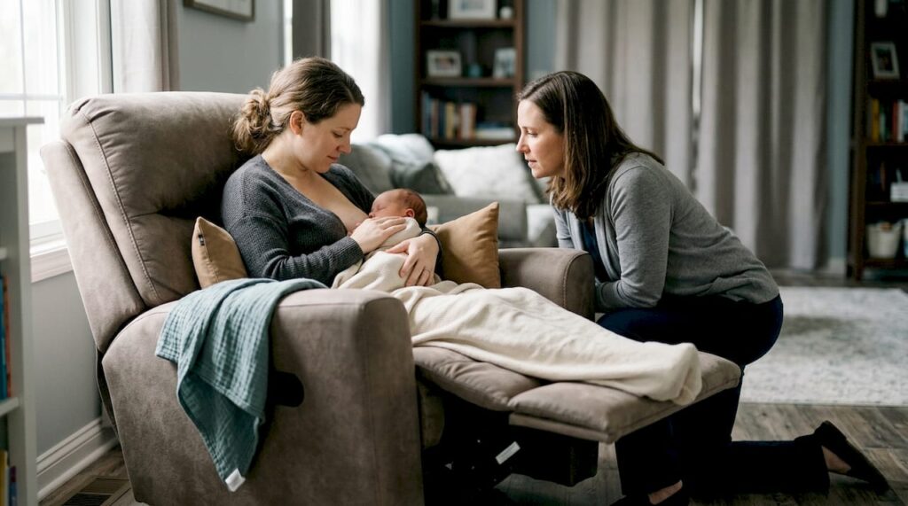 Consultant observing newborn feeding at home