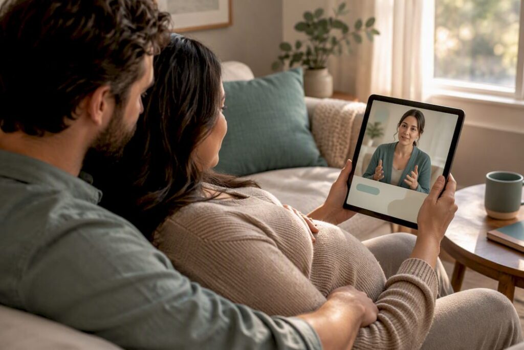 Couple receiving virtual doula coaching at home