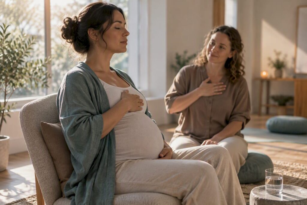 Doula guiding expectant parent through breathing practice