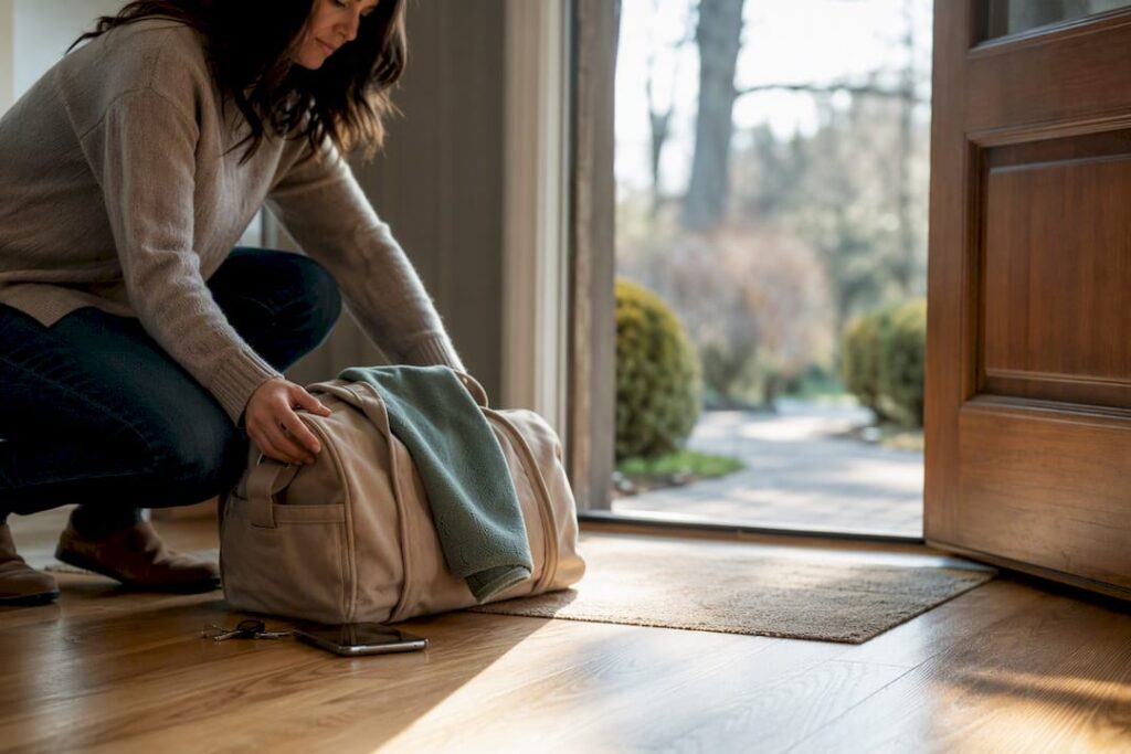 Packed doula birth bag ready by doorway