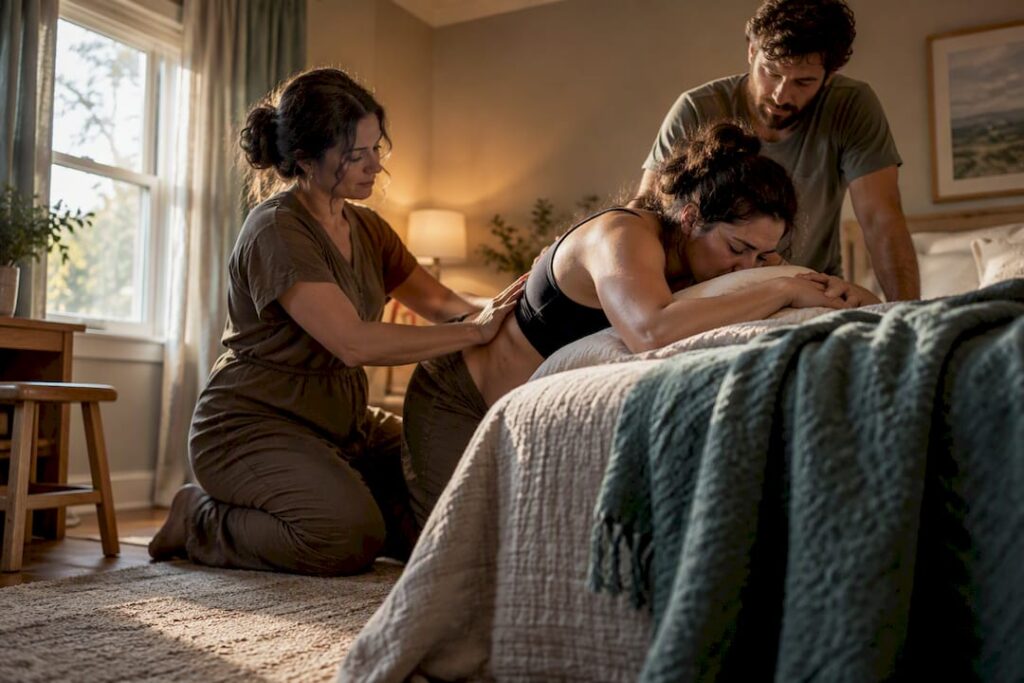 Doula supporting client during home labor