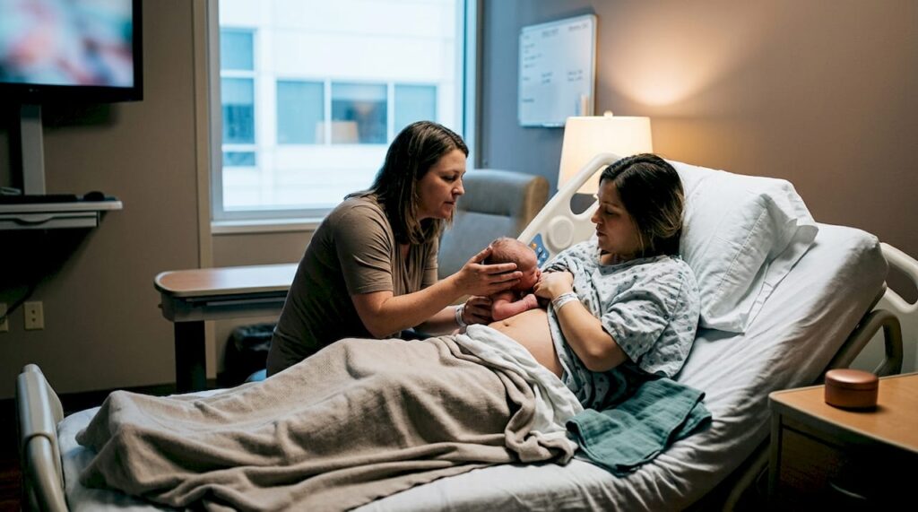 Doula supporting breastfeeding after cesarean