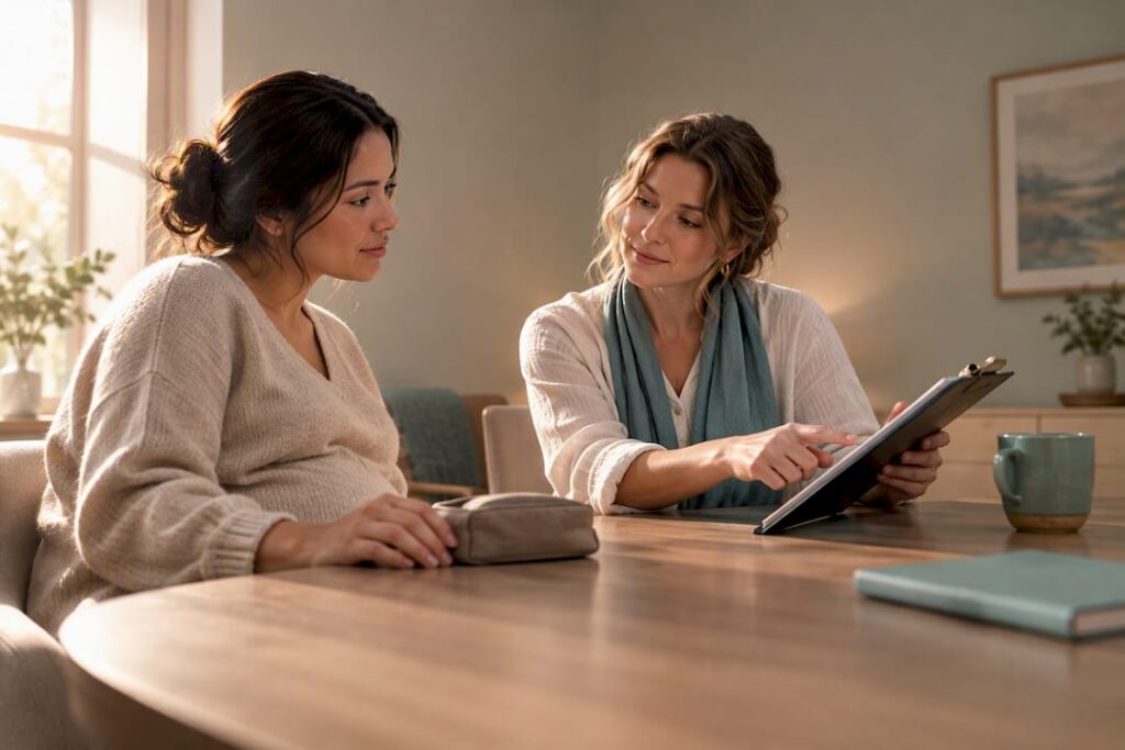 Doula and expectant parent discussing induction plan