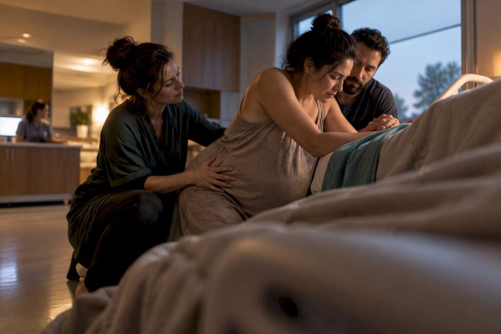 Doula supporting parent during hospital labor