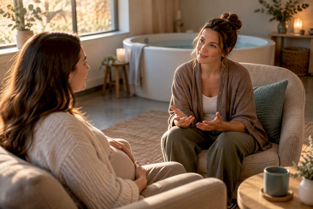 Expectant parent interviewing a water birth doula