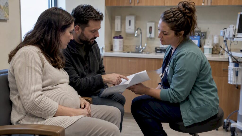Couple discussing hospital birth preferences
