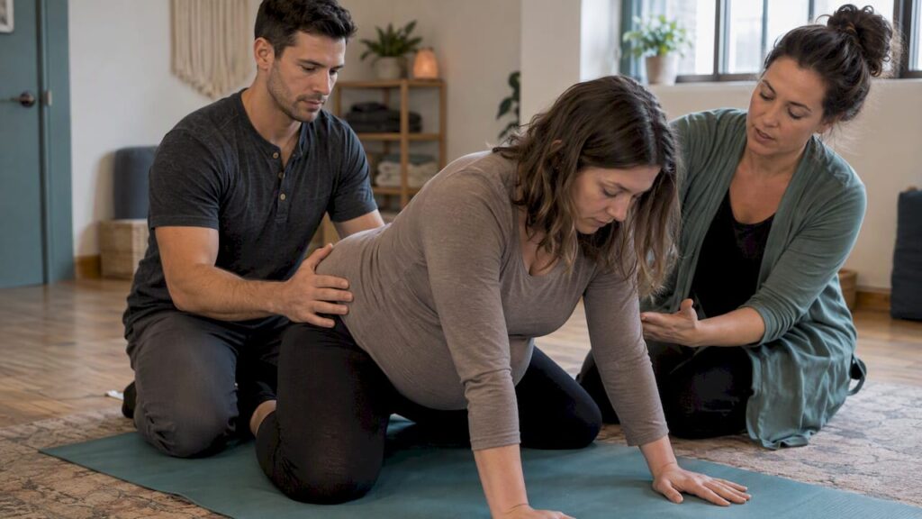 Father practicing childbirth support in doula class