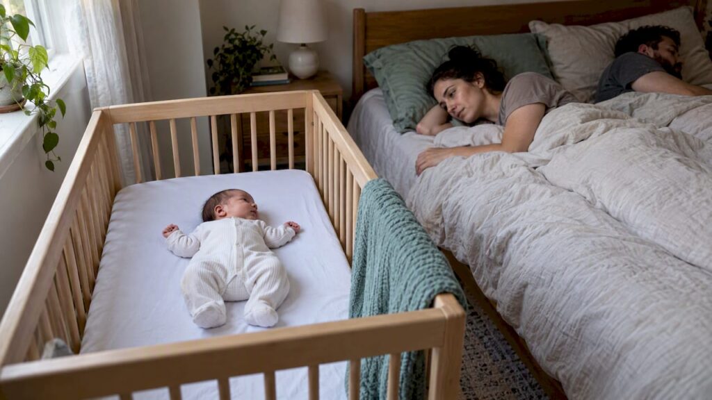 Newborn sleeping alone on back in crib