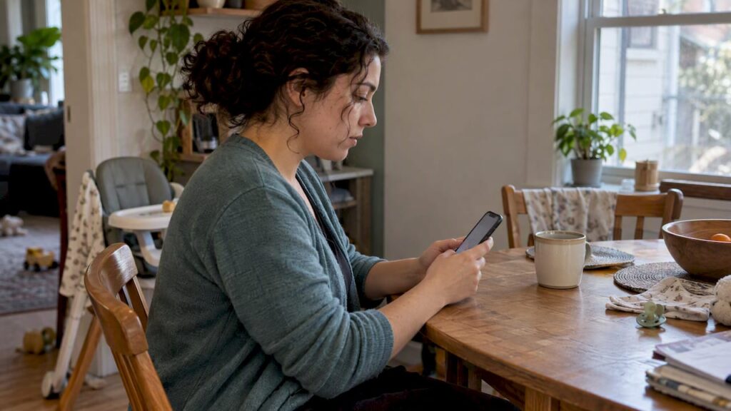 New parent noting postpartum symptoms on phone