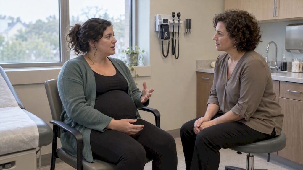 Expectant parent discussing VBAC care with clinician