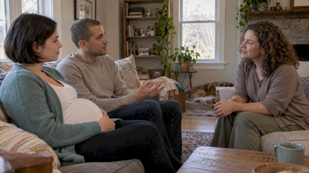 Expectant couple interviewing a doula at home