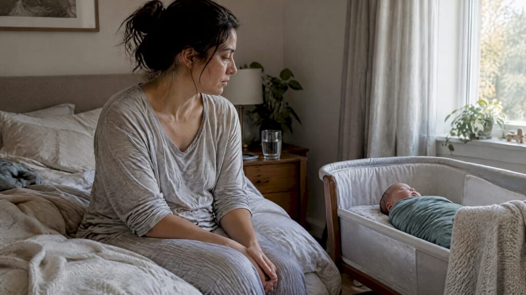 Tired parent awake beside sleeping newborn