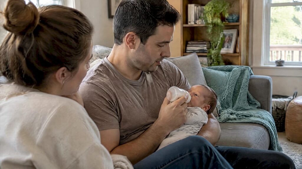 Partner offers a bottle to a newborn