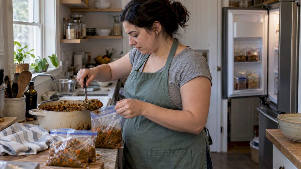 Expectant parent portioning meals for the freezer