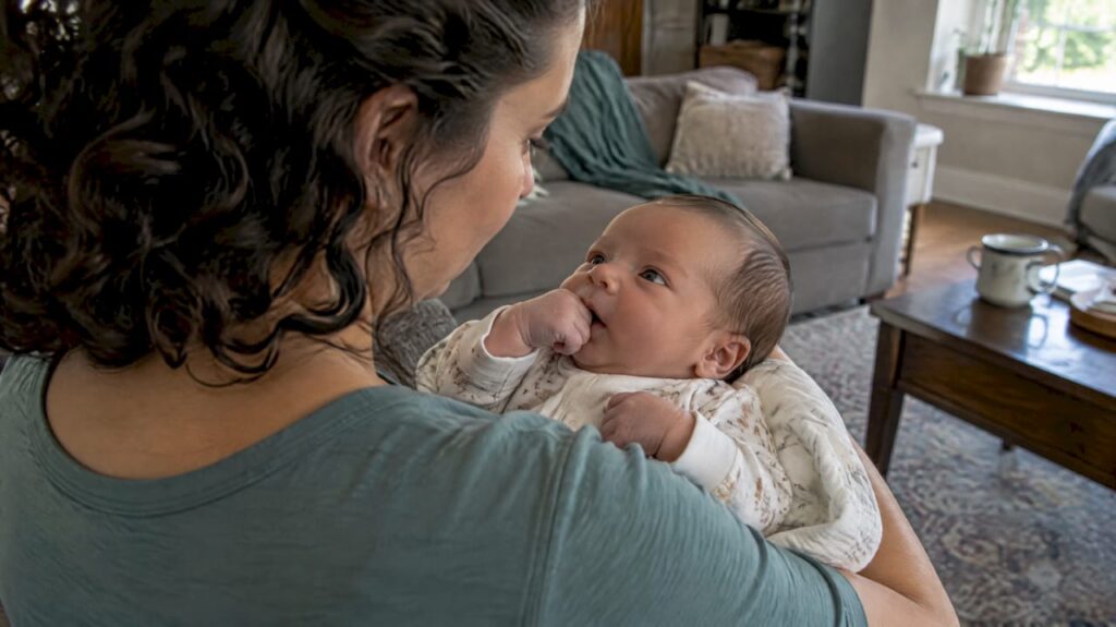 Newborn brings hand to mouth before feeding