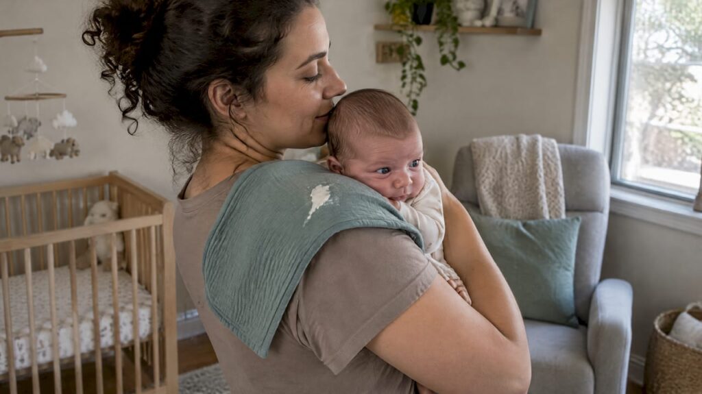 Parent holds baby with a spit-up cloth