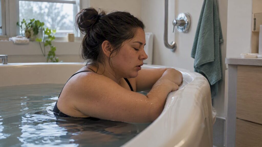 Laboring parent resting in a birth pool