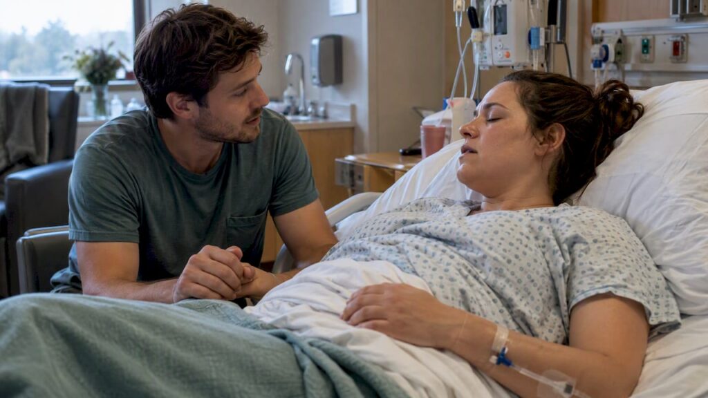 Partner murmuring an affirmation beside a laboring parent
