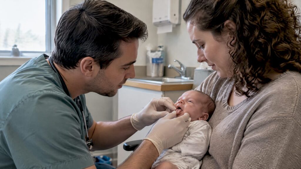 Clinician observing a newborn’s tongue during an exam